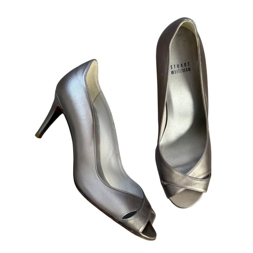 Stuart Weitzman Womens Silver Peep Toe High Heel Pumps Size 7.5